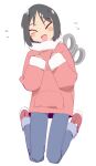  &gt;_&lt; 1girl absurdres black_hair blush blush_stickers closed_eyes denim eds eyebrows_visible_through_hair full_body hands_up highres hood hoodie jeans long_sleeves nichijou open_mouth pants red_footwear red_hoodie robot shinonome_nano shoes short_hair simple_background smile solo white_background winding_key 