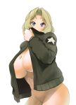  1girl blonde_hair blue_eyes bomber_jacket breasts commentary_request covering_mouth cowboy_shot girls_und_panzer highres huge_breasts jacket kay_(girls_und_panzer) long_hair long_sleeves looking_at_viewer naked_jacket nude open_clothes open_jacket sasaki_tatsuya saunders_military_uniform smile solo white_background 