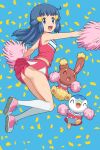  1girl :d absurdres arched_back ass bangs bare_arms blue_background blue_eyes blue_hair body_blush buneary cheerleader clothed_pokemon commentary_request confetti dawn_(pokemon) eyelashes floating_hair gen_4_pokemon hair_ornament hairclip highres holding holding_pom_poms kneehighs knees_together long_hair looking_at_viewer open_mouth outstretched_arms panties pink_footwear pink_skirt piplup pokemoa pokemon pokemon_(anime) pokemon_(creature) pokemon_dppt_(anime) pom_poms shiny shiny_skin shirt shoes skirt sleeveless sleeveless_shirt smile sneakers starter_pokemon tongue underwear white_legwear 