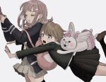  1boy 1girl animal_bag backpack bag bangs black_jacket black_legwear blush bow breasts brown_hair brown_shirt brown_skirt cat_bag closed_eyes commentary_request danganronpa:_trigger_happy_havoc danganronpa_(series) danganronpa_2:_goodbye_despair drooling ear_bow flipped_hair frilled_skirt frills from_side fujisaki_chihiro glomp hair_ornament hairclip handheld_game_console hands_up holding holding_handheld_game_console hood hug jacket kneehighs long_sleeves medium_hair nanami_chiaki nose_bubble open_mouth pink_bow pink_skirt pleated_skirt renshu_usodayo ribbon shirt short_hair skirt sleeping sleeping_upright spaceship_hair_ornament strap_slip sweat thighhighs usami_(danganronpa) wings 