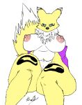  anthro areola belly big_breasts biped black_sclera blue_eyes breasts digimon digimon_(species) female fur genitals hi_res huge_breasts huge_thighs nipples pubes pussy realius reclining renamon slightly_chubby solo thick_thighs white_belly yellow_body yellow_fur 