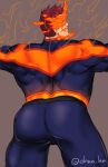  1boy ass ass_focus back bara beard blue_bodysuit blue_eyes bodysuit boku_no_hero_academia bulge burning covered_abs covered_navel facial_hair feet_out_of_frame fiery_hair from_behind looking_at_viewer looking_back male_focus mature_male muscular muscular_male ono_(ohno_ha) red_hair reward_available short_hair sideburns solo spiked_hair thick_thighs thighs todoroki_enji work_in_progress 