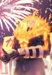  1boy bara beard blue_bodysuit blue_eyes bodysuit boku_no_hero_academia bulge covered_abs cowboy_shot dated facial_hair fiery_hair fire fireworks happy_birthday large_pectorals looking_to_the_side male_focus mature_male muscular muscular_male ono_(ohno_ha) red_hair short_hair sideburns solo spiked_hair thick_thighs thighs todoroki_enji vambraces 
