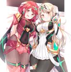  bangs blonde_hair breasts chest_jewel dress earrings elbow_gloves gloves jewelry large_breasts leggings long_hair mythra_(xenoblade) pantyhose pyra_(xenoblade) red_eyes shiitake_taishi short_dress super_smash_bros. swept_bangs thigh_strap tiara very_long_hair white_dress xenoblade_chronicles_(series) xenoblade_chronicles_2 yellow_eyes 