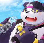  2021 alp_(tas) anthro blush bodily_fluids clothing fur giant_panda hat headgear headwear hi_res kemono male mammal overweight overweight_anthro overweight_male purple_body purple_fur pyrethrin_12 shirt solo sweat tokyo_afterschool_summoners topwear ursid video_games white_body white_fur 