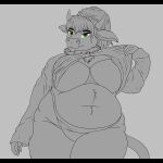  2021 5_fingers anthro bedroom_eyes belly big_breasts bovid bovine breasts cattle chubby_anthro chubby_female clothing eyelashes female fingers fingers_together fur green_eyes hi_res horn huge_breasts maggie_(yarpi) mammal narrowed_eyes navel overweight overweight_female pinned_hair pose seductive slightly_chubby smile sweater sweater_lift thick_thighs topwear underwear wide_hips yarpi 