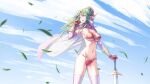  1girl :d alternate_eye_color armor bikini bikini_armor blue_eyes blue_sky blush breasts cape cleavage cloud commentary_request day fire_emblem fire_emblem_awakening gloves green_hair hair_ornament hair_ribbon large_breasts leaves_in_wind long_hair open_mouth outdoors pink_cape pointy_ears ponytail red_bikini red_gloves red_ribbon ribbon sky smile solo swimsuit sword t_misaomaru tiki_(fire_emblem) weapon 
