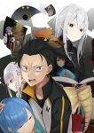  3boys 5girls absurdres angry animal_ears arm_up bangs beatrice_(re:zero) black_capelet black_dress black_hair blonde_hair blue_hair blush book braid brown_eyes brown_hair capelet cat_ears closed_mouth commentary_request crown dress drill_hair echidna_(re:zero) elsa_granhilte emilia_(re:zero) eyebrows_visible_through_hair felix_argyle flower frown gloves green_eyes hair_between_eyes hair_flower hair_ornament hair_ribbon hand_on_own_chin highres holding holding_hand itame_moyashi jacket julius_juukulius long_hair long_sleeves looking_at_viewer mini_crown mole mole_under_eye multiple_boys multiple_girls natsuki_subaru one_eye_closed open_book open_mouth pink_ribbon pointy_ears puck_(re:zero) purple_eyes purple_hair re:zero_kara_hajimeru_isekai_seikatsu rem_(re:zero) ribbon sad sharp_teeth short_hair silver_hair smile smug spoilers teeth track_jacket track_suit v-shaped_eyebrows white_eyelashes white_hair 