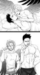  2boys abs absurdres anger_vein bara boku_no_hero_academia boxer_briefs brushing_teeth bulge collarbone couple cowboy_shot facial_hair greyscale hawks_(boku_no_hero_academia) helen_roro highres index_finger_raised large_pectorals lying male_focus male_underwear mature_male monochrome multiple_boys muscular muscular_male navel navel_hair nipples on_back on_bed on_person scar scar_across_eye short_hair sideburns smile spiked_hair stubble todoroki_enji toned toned_male underwear underwear_only yaoi 