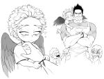  1girl 3boys absurdres apron blush boku_no_hero_academia character_request child cropped_legs crossed_arms facial_hair feathers floral_print frown greyscale hawks_(boku_no_hero_academia) helen_roro highres male_focus mature_male monochrome multiple_boys muscular muscular_male pectorals short_hair sideburns spiked_hair stubble time_paradox todoroki_enji 