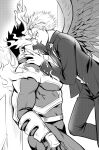  2boys absurdres ass bodysuit boku_no_hero_academia couple covered_abs facial_hair feathered_wings fire flying from_side gakuran greyscale hand_on_another&#039;s_face hawks_(boku_no_hero_academia) helen_roro highres imminent_kiss large_pectorals male_focus mature_male monochrome multiple_boys muscular muscular_male profile scar scar_across_eye school_uniform short_hair sideburns spiked_hair stubble thick_thighs thighs todoroki_enji wall_slam wings yaoi 