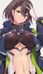  1girl ahoge azur_lane baltimore_(azur_lane) bangs blue_coat braid breasts brown_hair center_opening closed_mouth clothing_cutout coat commentary crop_top french_braid gloves hair_between_eyes hand_on_own_head hand_up head_tilt highres hood hood_down hooded_coat large_breasts long_sleeves looking_at_viewer marshall_k multicolored_coat navel number open_clothes open_coat short_hair sidelocks simple_background smile solo standing stomach stomach_cutout taut_clothes underboob underboob_cutout upper_body white_background white_gloves yellow_eyes 