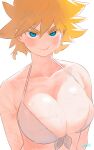  1girl bikini blonde_hair blue_eyes breasts cleavage closed_mouth front-tie_bikini front-tie_top hair_between_eyes highres large_breasts looking_at_viewer original ringed_eyes ryusei_hashida short_hair signature simple_background smile solo spiked_hair swimsuit upper_body v-shaped_eyebrows wet white_background white_bikini 