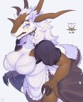  2021 anthro big_breasts blue_eyes blush bodily_fluids breasts brown_body brown_scales claws cleavage clothed clothing dragon female hair hi_res horn kishibe looking_at_viewer maid_uniform scales solo sweat uniform white_body white_hair white_scales winged_arms wings 