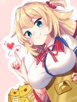  &gt;:) 1girl akai_haato aqua_eyes bangs blonde_hair breast_rest breasts dutch_angle evil_smile finger_twirl haaton_(akai_haato) hair_flaps hair_ornament hair_ribbon heart heart_hair_ornament highres hololive index_finger_raised large_breasts light_blush long_hair looking_at_viewer magowasabi neck_ribbon one_side_up red_neckwear red_ribbon ribbon smile solo tied_hair v-shaped_eyebrows very_long_hair virtual_youtuber youtube_creator_award youtube_logo 