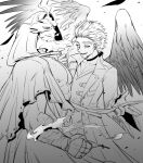  2boys abs absurdres assisted_exposure bare_pecs beard boku_no_hero_academia cloak couple cross cross_necklace facial_hair feathered_wings fiery_hair fire from_side greyscale hawks_(boku_no_hero_academia) helen_roro hickey highres hood hooded_cloak jewelry large_pectorals male_focus mature_male monochrome multiple_boys muscular muscular_male necklace nipples scar scar_across_eye short_hair sideburns smile spiked_hair todoroki_enji undressing_another wings yaoi 
