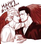  2boys absurdres boku_no_hero_academia cake cake_slice couple cropped_torso eye_contact facial_hair food greyscale happy_birthday hawks_(boku_no_hero_academia) helen_roro highres imminent_kiss looking_at_another male_cleavage male_focus mature_male monochrome mouth_hold multiple_boys muscular muscular_male partially_unbuttoned pectorals pocky pocky_kiss red_theme red_wings scar scar_across_eye short_hair sideburns smile spiked_hair stubble todoroki_enji wings yaoi 