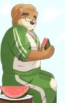  2021 9dtq0 absurd_res anthro bottomwear brown_body brown_fur clothing eating eyewear food fruit fur glasses hat headgear headwear hi_res kemono male mammal melon overweight overweight_anthro overweight_male pants plant shirt sitting solo straw_hat tokyo_afterschool_summoners topwear ursid video_games volos watermelon watermelon_slice 