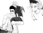  2boys absurdres bandaged_leg bandages blush boku_no_hero_academia carrying casual couple facial_hair greyscale hawks_(boku_no_hero_academia) helen_roro highres holding holding_paper jacket male_focus mature_male monochrome multiple_boys muscular muscular_male open_clothes open_jacket paper princess_carry scar scar_across_eye shirt short_hair sideburns sitting_on_arm spiked_hair stubble sunglasses todoroki_enji upper_body yaoi 