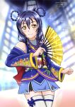  1girl angelic_angel birthday blue_hair brown_eyes dated detached_sleeves fan folding_fan happy_birthday highres japanese_clothes kimono looking_at_viewer love_live! obi sash smile solo sonoda_umi urushibara_michiwo yellow_eyes 