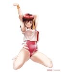  1girl arm_grab arm_up artist_name barefoot breasts brown_eyes brown_hair covered_navel groin_tendon headband highres leotard looking_at_viewer medium_breasts pink_leotard solo takaya_noriko thighs top_wo_nerae! white_background wristband yellow_headband zasshu 