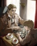  2boys absurdres armin_arlert blonde_hair blue_eyes board_game chess chessboard closed_mouth cup erwin_smith highres indoors male_focus multiple_boys open_mouth paradis_military_uniform shingeki_no_kyojin short_hair table thisuserisalive 