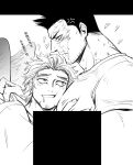  2boys absurdres anger_vein boku_no_hero_academia censored check_translation chinese_text couple drooling facial_hair feathered_wings grabbing greyscale groping hawks_(boku_no_hero_academia) helen_roro hickey highres large_pectorals male_focus mature_male monochrome motion_lines multiple_boys muscular muscular_male pectoral_grab pectoral_pillow scar scar_across_eye shirt short_hair sideburns spiked_hair stubble todoroki_enji translation_request wings yaoi 