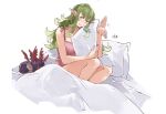  1girl bare_shoulders bed bed_sheet blush collarbone english_commentary fire_emblem fire_emblem_awakening green_eyes green_hair grima_(fire_emblem) head_tilt highres holding holding_pillow long_hair looking_at_viewer older on_bed pillow pink_nightgown pointy_ears sakuremi simple_background sitting sitting_on_bed solo stuffed_animal stuffed_toy tiki_(fire_emblem) waving wavy_hair white_background 
