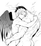  2boys absurdres ass ass_grab back bara boku_no_hero_academia completely_nude couple cowboy_shot expressionless feathered_wings fire greyscale groin hawks_(boku_no_hero_academia) helen_roro highres hug male_focus mature_male monochrome multiple_boys muscular muscular_male nude scar_on_arm short_hair spiked_hair todoroki_enji wings yaoi 