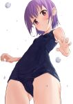  1girl bangs black_swimsuit blush cameltoe claw_pose commentary_request from_below kohshibasaki looking_at_viewer old_school_swimsuit original purple_hair red_eyes reward_available school_swimsuit short_hair sidelocks simple_background solo swimsuit water_drop white_background 
