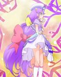  1girl ahoge blush bow brown_eyes closed_mouth cure_coral fingerless_gloves gloves hair_bow haruyama_kazunori hat heart_facial_mark lifted_by_self long_hair magical_girl no_panties precure profile purple_hair red_bow smile solo standing suzumura_sango tropical-rouge!_precure very_long_hair white_gloves white_headwear yellow_bow 