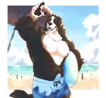  5_fingers anthro biceps black_body black_fur black_nose canid canine canis clothing domestic_dog fangs fingers fur hi_res male mammal muscular nipples pubic_hair_peek smile swimming_trunks swimwear theoduorr white_body white_fur 