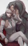  2boys bangs black_hair blue_eyes brown_hair brown_pants chair commentary_request crossed_legs danganronpa_(series) danganronpa_3_(anime) facial_hair formal fur_trim grey_hair hand_on_another&#039;s_chin hand_up highres hood jacket looking_at_viewer male_focus multiple_boys munakata_kyousuke necktie no-kan pants print_neckwear red_eyes sakakura_juuzou short_hair simple_background sitting suit sweatdrop white_background white_neckwear yaoi 