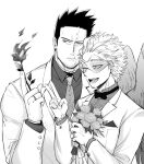 2boys absurdres alternate_costume blush boku_no_hero_academia bouquet couple facial_hair flower formal greyscale hawks_(boku_no_hero_academia) helen_roro highres holding holding_bouquet husband_and_husband jewelry male_focus mature_male monochrome multiple_boys muscular muscular_male necktie pectorals ring scar scar_across_eye short_hair sideburns smile spiked_hair stubble suit todoroki_enji upper_body wedding wedding_ring white_suit yaoi 