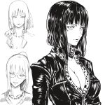  1girl absurdres arms_at_sides bangs breasts character_sheet cleavage collared_jacket diegodraws expressionless expressions floating_hair glasses high_ponytail highres jacket jewelry large_breasts light_smile lips long_hair long_sleeves looking_afar looking_at_viewer looking_to_the_side medium_hair monochrome multiple_views necklace nico_robin one_piece open_mouth partially_unzipped semi-rimless_eyewear shirt simple_background sketch under-rim_eyewear undershirt upper_body white_background zipper 
