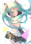  1girl alexmaster aqua_hair ass black_skirt blue_eyes blurry blurry_foreground blush closed_mouth commentary detached_sleeves from_behind hatsune_miku headphones headset long_hair looking_at_viewer looking_back skirt smile solo triangle twintails vocaloid 
