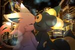  3:2 ambiguous/ambiguous ambiguous_gender black_body black_fur duo eeveelution espeon eyes_closed feral feral_on_feral fur hair hi_res hirochanu kissing light love night nintendo pink_body pink_fur pink_hair pok&eacute;mon pok&eacute;mon_(species) romantic romantic_ambiance romantic_couple shaded umbreon video_games 