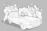  2020 anthro antlers blush canid canine capreoline car car_sex cervid grey_background group hooves horn huge_muscle licking looking_at_another male mammal monochrome moose nude open_mouth sex simple_background size_difference stagor55 tongue tongue_out vehicle 