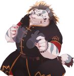  2021 anthro arufina_w clothed clothing eyewear felid fur glasses hi_res kemono licho_(tas) male mammal overweight overweight_male pantherine simple_background solo_focus tiger tokyo_afterschool_summoners video_games white_background white_body white_fur 