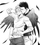  2boys absurdres alternate_costume behind_another blush boku_no_hero_academia casual couple facial_hair feathered_wings feathers greyscale hand_under_clothes hawks_(boku_no_hero_academia) helen_roro highres kiss male_focus male_pubic_hair mature_male midriff_peek monochrome multiple_boys muscular muscular_male neck_kiss pants pants_pull pubic_hair pulled_by_another scar scar_across_eye short_hair sideburns spiked_hair stubble todoroki_enji track_pants wings yaoi 
