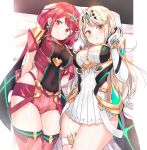  bangs bare_legs bare_shoulders black_gloves blonde_hair breasts chest_jewel cleavage_cutout clothing_cutout dress earrings elbow_gloves fingerless_gloves gloves jewelry large_breasts long_hair mythra_(xenoblade) pyra_(xenoblade) red_eyes red_hair red_legwear red_shorts shiitake_taishi short_dress short_hair short_shorts shorts super_smash_bros. swept_bangs thigh_strap thighhighs tiara very_long_hair white_dress white_gloves xenoblade_chronicles_(series) xenoblade_chronicles_2 yellow_eyes 