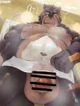  2021 3:4 anthro balls biceps black_nose brown_body brown_fur censor_bar censored chest_scar detailed_background facial_scar foreskin fur genitals hi_res humanoid_genitalia humanoid_hands humanoid_penis kannonshindo kemo_coliseum mammal multicolored_body multicolored_fur musclegut navel nipples penis scar signature tan_body tan_fur tharsix towel towel_only two_tone_body two_tone_fur ursid wet 