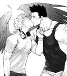  2boys absurdres bara bare_shoulders black_tank_top boku_no_hero_academia casual collarbone couple facial_hair from_side greyscale hawks_(boku_no_hero_academia) headphones headphones_around_neck heart helen_roro highres jewelry kiss large_pectorals male_cleavage male_focus mature_male monochrome multiple_boys muscular muscular_male necklace profile scar scar_across_eye scar_on_arm short_hair sideburns sidepec spiked_hair stubble tank_top todoroki_enji toned toned_male yaoi 
