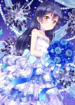  1girl birthday blue_hair dress eyebrows_visible_through_hair flower happy_birthday highres hiro9779 long_hair looking_at_viewer love_live! love_live!_school_idol_project rose solo sonoda_umi wedding yellow_eyes 