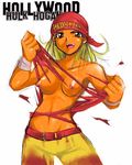  bandanna belt blonde_hair breasts brown_eyes genderswap hulk_hogan jpeg_artifacts kaiga navel nipples orange_skin photoshop rule_63 self_clothes_tearing tearing_clothes torn_clothes wrestling wwe 