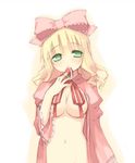  blonde_hair blush bow breasts food fruit green_eyes hina_ichigo holding holding_food holding_fruit kashiwamochi_yomogi long_sleeves medium_breasts mouth_hold navel object_namesake open_clothes open_shirt pink_bow ribbon rozen_maiden saliva shirt short_hair solo strawberry 