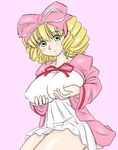  artist_request blonde_hair blush bow breast_lift breasts green_eyes hina_ichigo huge_breasts pink_bow ribbon rozen_maiden solo 