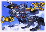  aircraft airplane cloud crossover diabattles diaclone fighter_jet flying gattai gridman_(ssss) highres jet looking_ahead mecha military military_vehicle moyan no_humans open_hands procreate_(medium) science_fiction sky solo ssss.gridman 
