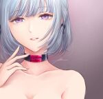 bangs bare_shoulders black_neckwear breasts choker cleavage close-up collarbone commentary eyebrows_visible_through_hair filha girls_frontline hair_ornament hairclip hand_up highres lips looking_at_viewer neon_genesis_evangelion parted_lips purple_background purple_eyes rebuild_of_evangelion rpk-16_(girls_frontline) shirtless short_hair signature silver_hair smile 