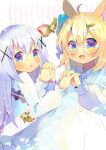  2girls :d :o ahoge animal_ear_fluff animal_ears bangs blonde_hair blue_dress blue_eyes blue_hair blue_vest blush carrot_hair_ornament dress eyebrows_visible_through_hair flower food food_themed_hair_ornament frilled_dress frills fruit glasses gochuumon_wa_usagi_desu_ka? hair_between_eyes hair_ornament hairclip holding_hands interlocked_fingers kafuu_chino kouu_hiyoyo long_hair long_sleeves looking_at_viewer multiple_girls open_mouth original parted_lips puffy_long_sleeves puffy_sleeves rabbit_house_uniform round_eyewear shirt smile strawberry striped striped_background uniform vertical_stripes very_long_hair vest waitress white_background white_flower white_shirt x_hair_ornament 